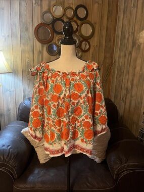 Bohemian Off-Shoulder Floral Cotton Peasant Top in Orange and Green Tropical